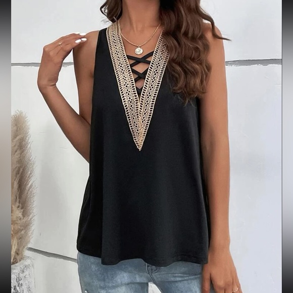 Classic Boho Lace Crisscross Front Sleeveless Tank Top Blouse Shirt Black - Picture 4 of 11